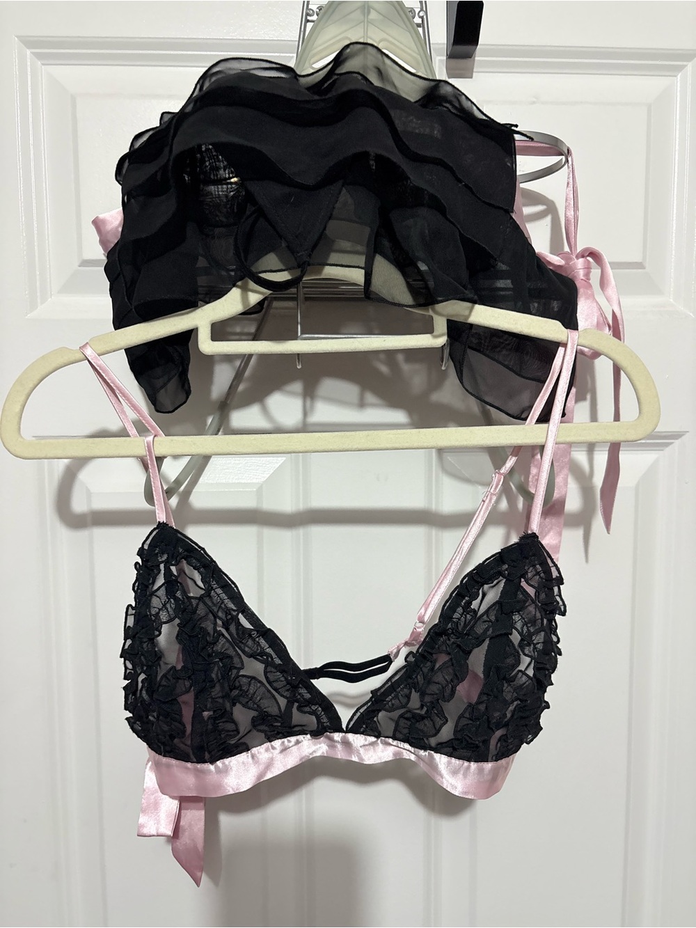 Frederick's of Hollywood Black Lace Bralette with Pink Satin Accents